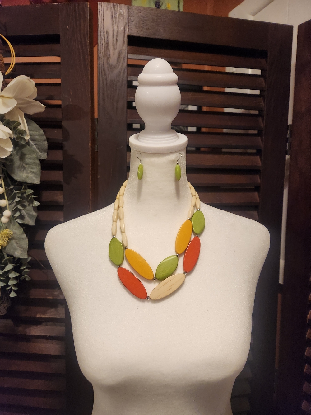 Multi-Color Wooden Statement Necklace and Earring Set